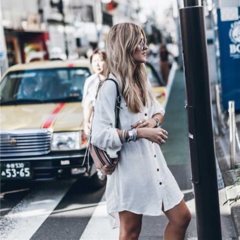 Bohemian White Button Down Shirt Linen Dress Minimalist - Picture 3 of 5